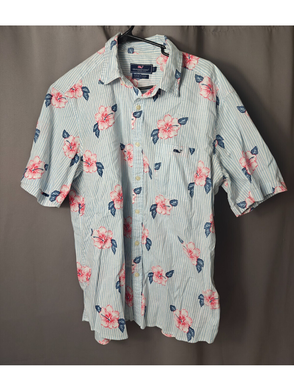 Vineyard Vines Men's Classic Fit Hibiscus Floral Stripe Button Shirt Blue Pink L